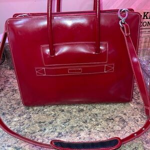 Mcklein Leather Bag - Red With Blue Interior - Many Pockets - Shoulder Strap